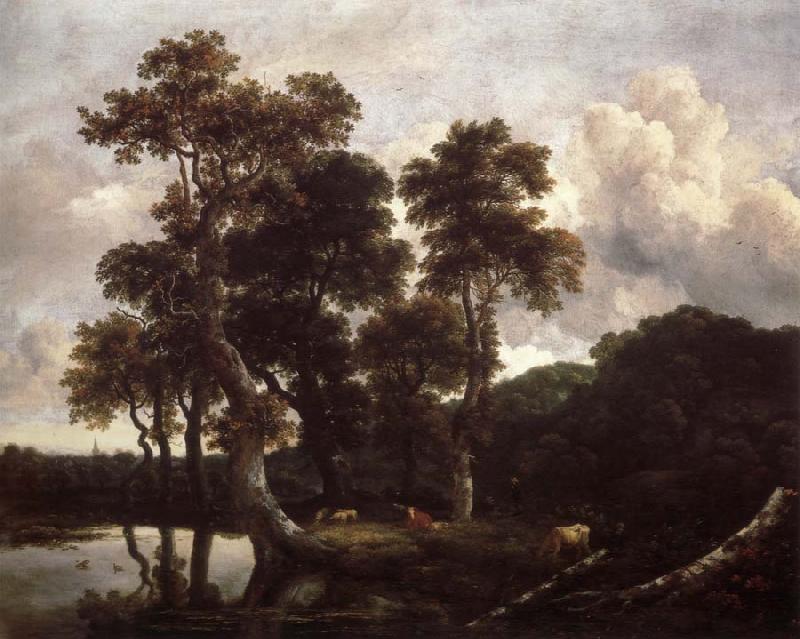 Jacob van Ruisdael Grove of Large Oak trees at the Edge of a pond oil painting image
